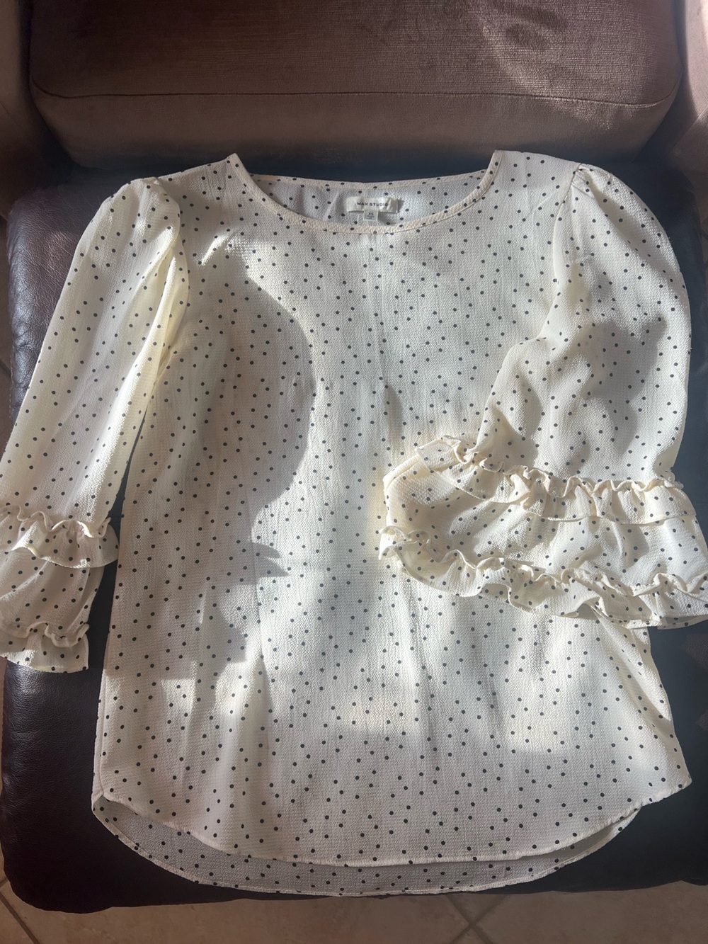 Max Studio Cream Polka Dot Ruffle Sleeve Blouse
